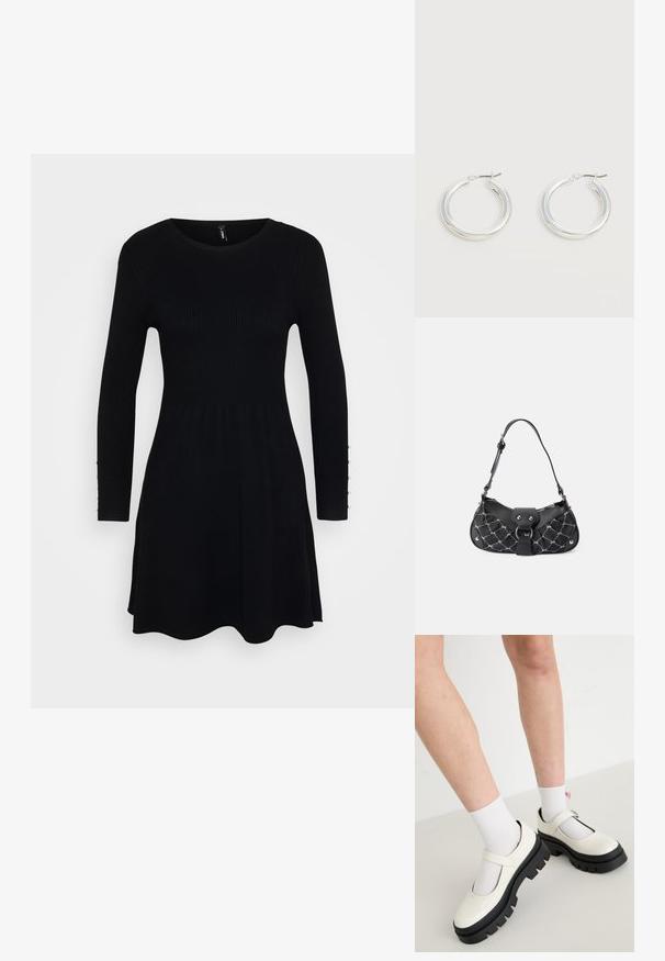 Vestido negro de canalé con mangas largas, escote redondeado y falda acampanada. Presenta botones a lo largo de los puños de las mangas para un detalle adicional.; Zapatos Mary Jane de cuero blanco brillante con una suela negra gruesa, que cuentan con una correa en el empeine y se llevan con calcetines blancos.; Bolso negro con textura acolchada, que presenta herrajes plateados, una forma curvada y una sola correa ajustable. Cierre de cremallera en la parte superior.; Par de pendientes de aro plateados brillantes de tamaño mediano con cierres metálicos finos sobre un fondo neutro claro.