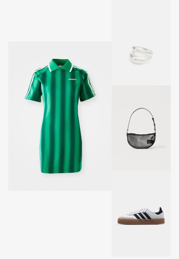 Grønstribet polo kjole lavet af glat stof. Har en krave, korte ærmer og hvidt Adidas-logo. Lodrette striber i forskellige nuancer.; Hvide lædersneakers med sorte striber, gummirubber sål, rund tå, snørelukning og blød grå ruskinds tåhætte.; Sort mesh halvmåne håndtaske med en kort justerbar læderrem og lynlåslukning på en ensartet lys baggrund.; Sølvring med dobbeltbånd og en glat, poleret overflade. Den har et flydende, buet design med overlappende sektioner for et moderne udtryk.