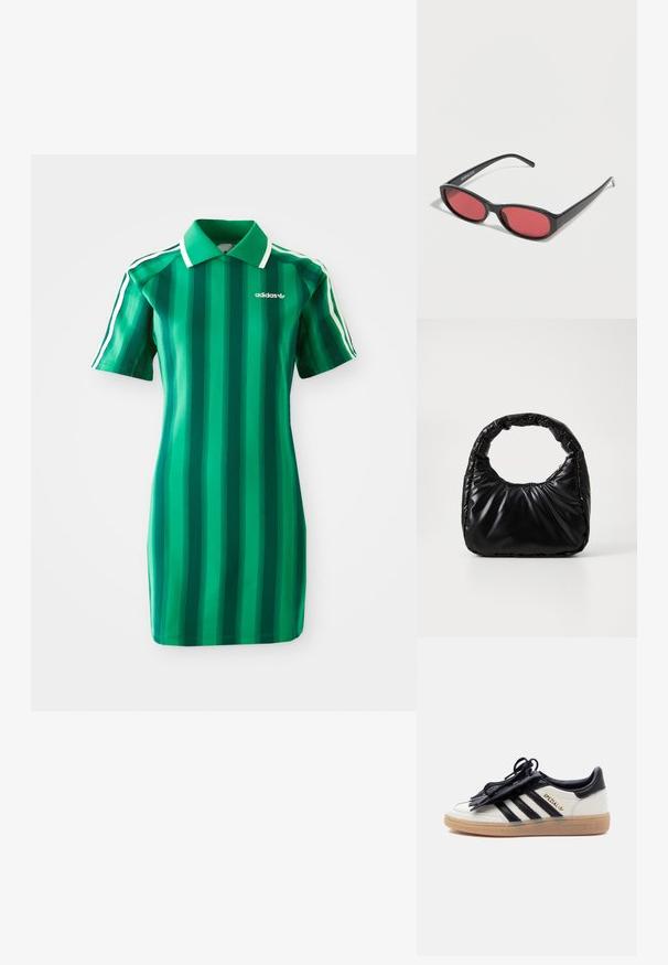 Zelené pruhované polo šaty vyrobené z hladkej látky. Obsahujú golier, krátke rukávy a bielu logo Adidas. Vertikálne pruhy v rôznych odtieňoch.; Biely a čierny teniska Adidas Spezial s gumovou podrážkou, čiernymi pruhmi a čiernym krytom na šnúrkach na jednoduchom svetlom pozadí.; Čierne oválne slnečné okuliare s tenkými ramenami a červenými tónovanými šošovkami ležia na bielom povrchu.; Čierna vycpaná kabelka s okrúhlym držadlom, s hladkým, lesklým povrchom a jemnou prešitou textúrou. Žiadne viditeľné kovanie ani akcenty.