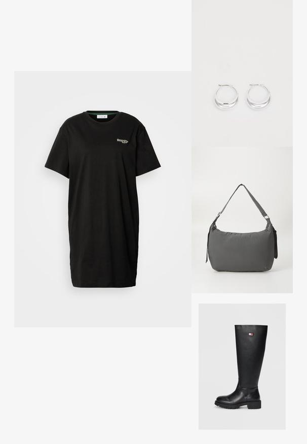Robe T-shirt noire à manches courtes avec col rond et petit logo Lacoste sur le côté gauche de la poitrine.; Bottes noires montantes en cuir lisse avec une semelle en caoutchouc texturée, dotées d'une petite étiquette logo en rouge, blanc et bleu.; Sac à épaule en tissu gris rembourré avec une forme incurvée, une texture lisse, une bandoulière ajustable et un logo subtil en relief à l'avant.; Boucles d'oreilles en argent avec une finition polie et un branding DKNY, présentées sur un fond blanc uni.