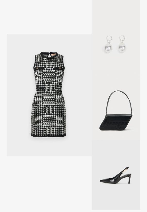 TWINSET DRESS - Hverdagskjole - neve/nero; Sort læder slingback højhælede sko med spidse tæer, glat overflade og en smal ankelrem med guldfarvede hardware detaljer.; Sort skuldertaske i læder med trekantet form, præget logo og en enkelt justerbar rem. Minimalistisk design med glat tekstur.; Sølv dråbeøreringe med glatte, runde, reflekterende overflader hængende fra svingelukkede låse. Baggrunden er helt hvid.