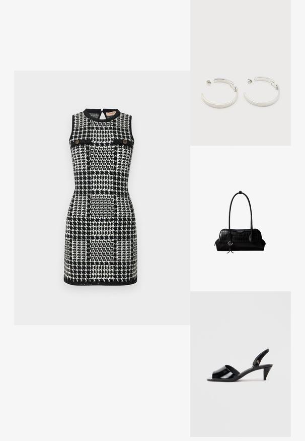 TWINSET DRESS - Hverdagskjole - neve/nero; Sorte laks slingback hæle med åben tå, der har en slank hæl og et brandet element på remmen.; Sort skuldertaske i krokodillelæder med lange stropper og lille sølvlogo-charm på den ene strop.; Sølvfarvede halvcirkelformede creoler med riflet tekstur og trykknapslukning på hvid baggrund.