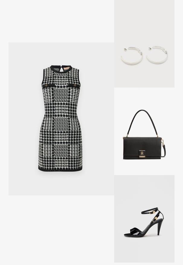 TWINSET DRESS - Φόρεμα ημέρας - neve/nero; Μαύρα παπούτσια από πατεντέ δέρμα με ψηλή φτέρνα, διπλές λουριά στον αστράγαλο και χρυσούς αγκράφες, ανοιχτό δάχτυλο και λεπτή, κωνική φτέρνα σε ουδέτερο φόντο.; Μαύρη υφασμάτινη δερμάτινη τσάντα με χειρολαβή στην κορυφή, κούμπωμα σε χρυσό τόνο με ενωμένο λογότυπο TH και αποσπώμενο ιμάντα ώμου.; Σκουλαρίκια ημικυκλικού σχήματος με ασημί τόνο, με ραβδωτή υφή και πίσω μπαγιονέτες, σε λευκό φόντο.