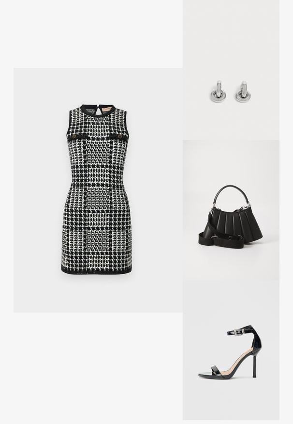 TWINSET DRESS - Hverdagskjole - neve/nero; Sort højhælet sandal i laklæder med ankelrem. Har minimalistisk design, åben tå og spænde med rhinsten-detaljer.; Sort plisseret handbag med et rundet håndtag, justerbar rem og blank overflade. Har sølvfarvet hardware og en struktureret silhuet.; Par små, skinnende sølv hoops med rund base, vist på en ensfarvet lys baggrund.