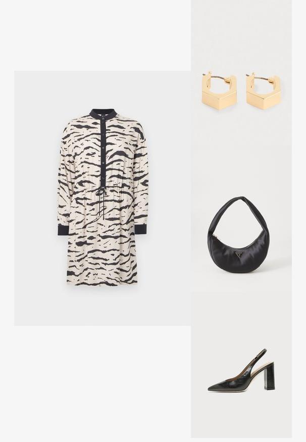 Robe à manches longues beige avec des rayures noires de tigre, dotée d'un col, d'un devant à boutons et d'une taille ajustable avec un cordon de serrage.; Chaussure slingback en cuir noir à bout pointu avec un talon bloc haut et une doublure intérieure beige sur un fond clair uni.; Sac à main en satin noir avec une forme courbée, doté d'une fermeture à glissière et d'un logo triangulaire en métal à l'avant. Texture lisse et design épuré.; Une paire de petites boucles d'oreilles géométriques en ton or avec des bords angulaires et des fermoirs à tige sur un fond clair.