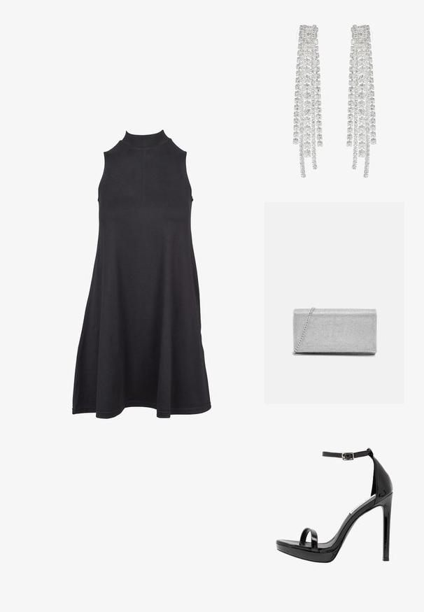 Zwarte mouwloze jurk met een hoge hals, gemaakt van zacht, rekbaar materiaal. De A-lijn ontwerp heeft een losse pasvorm en een gladde textuur.; Steve Madden MILANO - Sandalen met hoge hak - black; Zilveren metallic clutch met een geweven gaasontwerp, rechthoekige vorm en een kettingriem om mee te dragen. Gladde textuur en gepolijste afwerking.; Lange zilveren oorbellen met een scala aan heldere, facetteerde kristallen in een waterval van strengen met variërende lengtes en vormen.
