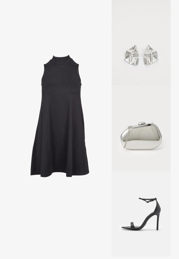 Vestido negro sin mangas con cuello alto, hecho de una tela suave y elástica. El diseño en forma de A presenta un corte holgado y una textura suave.; Sandalias de tacón alto negras con punta abierta, tiras delgadas y hebilla en el tobillo. Textura de cuero suave con un diseño de punta afilada.; Clutch de metal plateado con forma redondeada y suave. Cuenta con un cierre de broche y una cadena desmontable. Superficie reflectante sin patrones.; Pendientes de metal plateado con un diseño ondulado y escultórico, que presentan un acabado pulido y formas irregulares, destacando una estética contemporánea.
