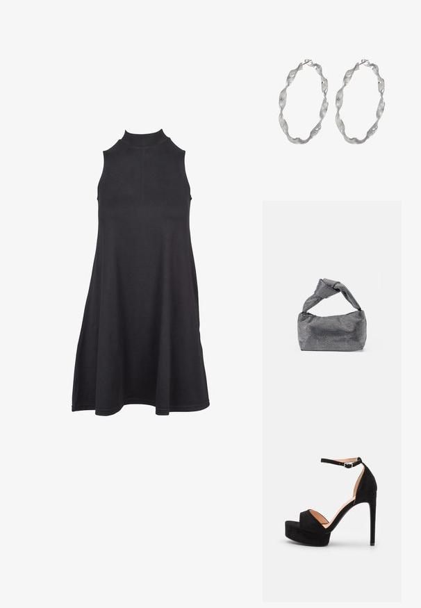 Vestido negro sin mangas con cuello alto, hecho de una tela suave y elástica. El diseño en forma de A presenta un corte holgado y una textura suave.; Sandalia de tacón alto de ante negro con suela de plataforma, tira en el tobillo con herrajes plateados, diseño de punta abierta y textura suave.; Bolso de mano negro y plateado con una superficie texturizada que presenta un patrón de diamante, un asa anudada y una forma estructurada.; Pendientes de aro de plata con un diseño retorcido, que presentan una superficie texturizada y un cierre seguro. Ligeros y reflectantes con un acabado elegante.