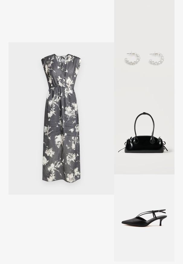 Robe maxi noire sans manches avec imprimé floral blanc, encolure en V, taille froncée et détail noué dans le dos.; Escarpin noir en cuir à bout pointu avec petit talon kitten, fine bride de cheville avec boucle, design slingback, sur un fond uni clair.; Petit sac à main noir brillant avec deux longues anses et des détails à cordon sur les côtés sur un fond clair uni.; Boucles d'oreilles anneaux en argent incrustées de cristaux facettés clairs, avec attaches à tige et embouts transparents sur fond blanc.