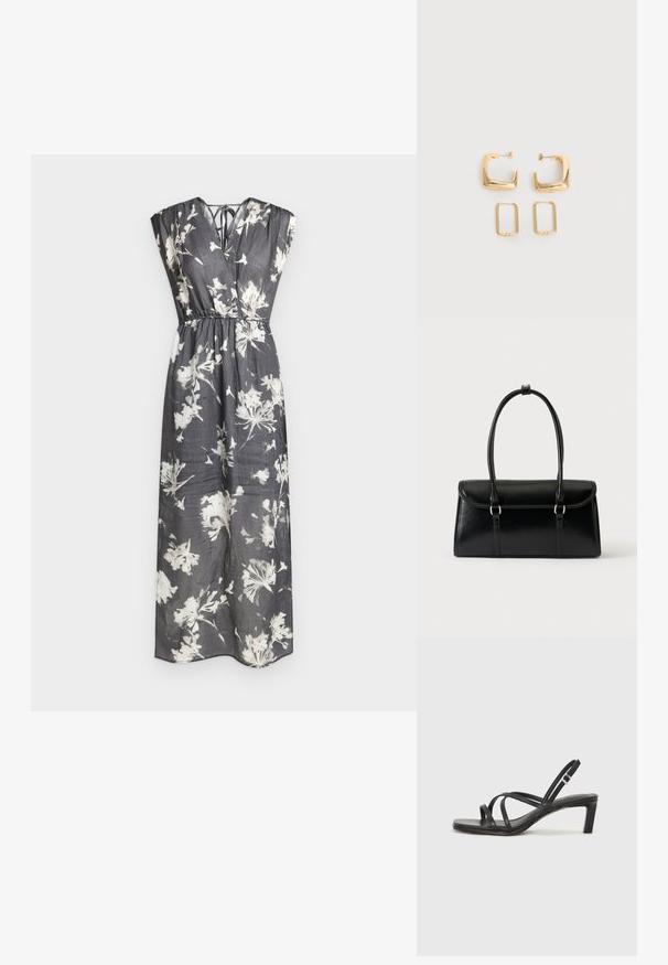 Robe maxi noire sans manches avec imprimé floral blanc, encolure en V, taille froncée et détail noué dans le dos.; Sandale noire à lanières avec un bout carré et un petit talon bloc. Elle présente plusieurs fines lanières et une sangle de cheville ajustable. Fabriquée en cuir lisse.; Sac à main rectangulaire en cuir noir avec fermeture à rabat et deux longues anses sur fond blanc uni.; Deux paires de Boucles d'oreilles créoles géométriques dorées sur une surface blanche unie, une paire carrée et pleine, une paire rectangulaire et creuse.