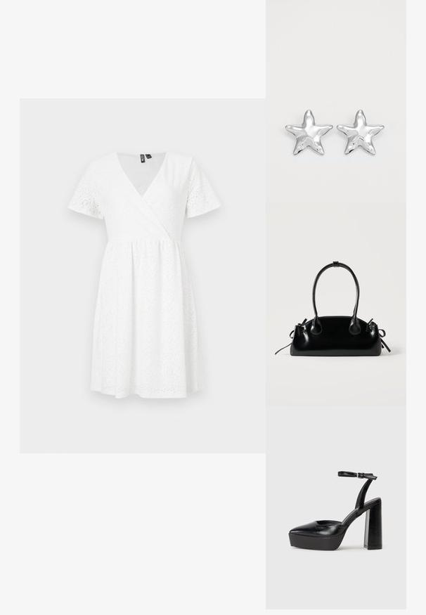 Vestido blanco de manga corta con diseño envolvente, detalles de ojales, escote en V y una falda acampanada que llega por encima de la rodilla.; Zapatos de tacón negro con punta afilada y correa ajustable en el tobillo. Confeccionados en cuero suave, presentan un tacón grueso.; Pequeño bolso negro brillante con dos asas largas y detalles de cordón lateral sobre un fondo claro liso.; Pendientes en forma de estrella plateada con una superficie pulida y brillante. Cada pendiente presenta cinco puntas y sutiles detalles de textura en la superficie.