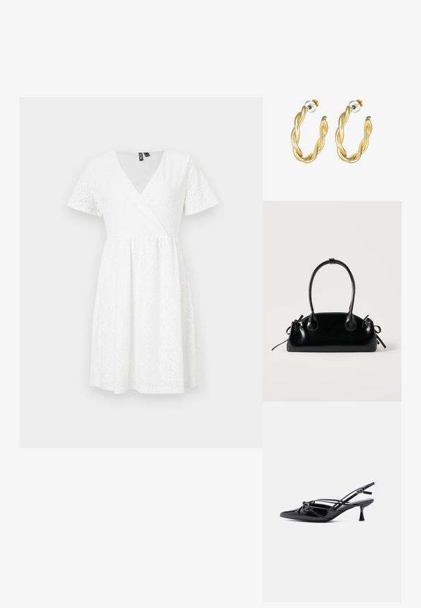 Vestido blanco de manga corta con diseño envolvente, detalles de ojales, escote en V y una falda acampanada que llega por encima de la rodilla.; Zapato de salón slingback de charol negro con punta afilada, tacón bajo tipo kitten, y detalle decorativo de lazo anudado en la parte delantera.; Pequeño bolso negro brillante con dos asas largas y detalles de cordón lateral sobre un fondo claro liso.; Pendientes de aro retorcidos en oro con una superficie lisa, que cuentan con un respaldo transparente y herrajes en tono dorado.