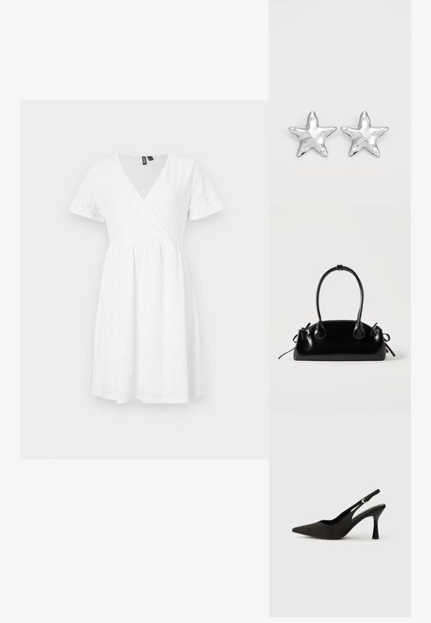 Vestido blanco de manga corta con diseño envolvente, detalles de ojales, escote en V y una falda acampanada que llega por encima de la rodilla.; Zapatos de tacón negro tipo slingback con puntera afilada, acabado mate suave y un tacón delgado y brillante. Correa ajustable con detalle de hebilla pequeña.; Pequeño bolso negro brillante con dos asas largas y detalles de cordón lateral sobre un fondo claro liso.; Pendientes en forma de estrella plateada con una superficie pulida y brillante. Cada pendiente presenta cinco puntas y sutiles detalles de textura en la superficie.