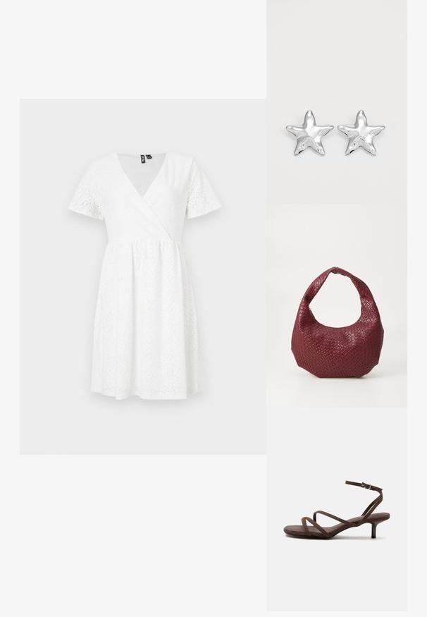 Vestido blanco de manga corta con diseño envolvente, detalles de ojales, escote en V y una falda acampanada que llega por encima de la rodilla.; Sandalia marrón de tacón alto con tiras finas cruzadas y una correa en el tobillo con una hebilla plateada sobre un fondo blanco.; Bolso de mano burdeos tejido con una silueta redondeada, un solo asa y un acabado texturizado. Cierre con cremallera en la parte superior.; Pendientes en forma de estrella plateada con una superficie pulida y brillante. Cada pendiente presenta cinco puntas y sutiles detalles de textura en la superficie.