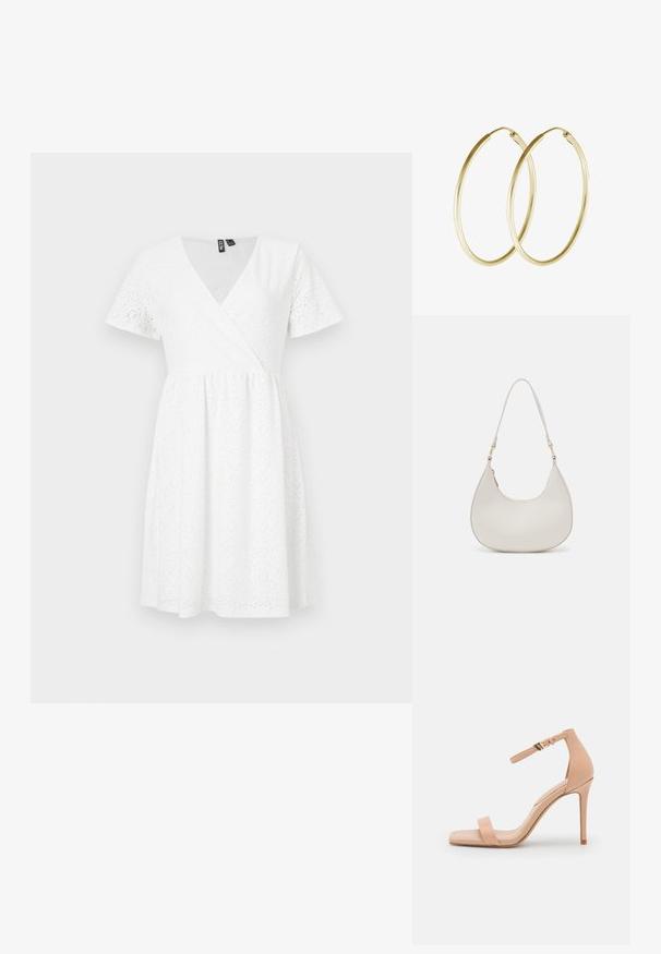 Vestido blanco de manga corta con diseño envolvente, detalles de ojales, escote en V y una falda acampanada que llega por encima de la rodilla.; Sándalo de tacón alto en color nude con punta cuadrada, que cuenta con una sola tira en el dedo y una tira en el tobillo asegurada por una hebilla dorada. Textura de cuero suave.; Bolso de hombro de cuero crema con forma de media luna, correa delgada y sutil detalle de costuras. Diseño minimalista con acentos de hardware en tono dorado.; Pendientes de aro de oro con un diseño suave y redondeado y un acabado brillante. Construcción ligera con un cierre de broche seguro.