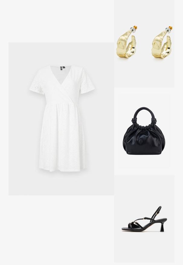 Vestido blanco de manga corta con diseño envolvente, detalles de ojales, escote en V y una falda acampanada que llega por encima de la rodilla.; Call it Spring DIANAH - Sandalias - black; Bolso de mano de cuero negro suave con parte superior fruncida y dos asas gruesas atadas en nudos sobre un fondo claro y liso.; Pendientes en tono dorado con forma de manos abstractas, que presentan una superficie brillante, detalles intrincados y un poste de plata y oro para un ajuste seguro.
