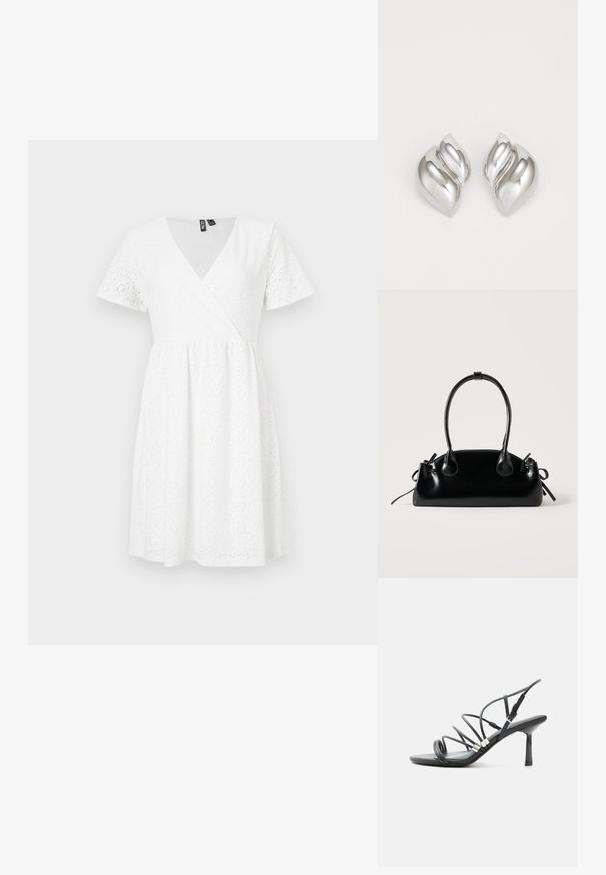 Vestido blanco de manga corta con diseño envolvente, detalles de ojales, escote en V y una falda acampanada que llega por encima de la rodilla.; Sandalia negra de tacón alto con tiras finas y curvas, detalles plateados y una hebilla ajustable en el tobillo sobre un fondo blanco.; Pequeño bolso negro brillante con dos asas largas y detalles de cordón lateral sobre un fondo claro liso.; Pendientes de plata con una forma orgánica y abstracta. Superficie lisa y brillante con un diseño cónico. Presentan suaves curvas y un detalle de línea central.