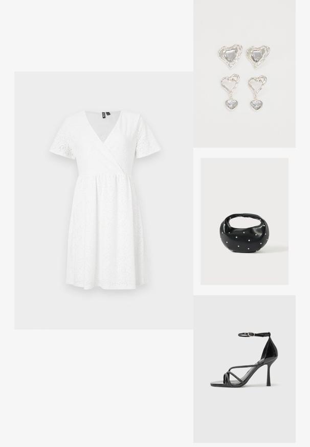 Vestido blanco de manga corta con diseño envolvente, detalles de ojales, escote en V y una falda acampanada que llega por encima de la rodilla.; Sándalo de charol negro con tacón alto y correa en el tobillo, que presenta tiras entrelazadas y una puntera afilada y elegante.; Bolso de mano de cuero negro con forma redondeada, decorado con detalles de tachuelas plateadas y un asa corta. Textura lisa y cierre con cremallera.; Pendientes en forma de corazón plateados que presentan piedras claras facetadas, con un marco texturizado. El conjunto incluye estilos de perno y tipo gota.