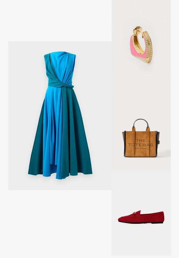 Robe une pièce en dégradé de bleues et de teal. Présente un corsage torsadé, un design sans manches et une jupe plissée fluide.; Mocassin en daim rouge avec détail en métal doré et semelle noire, présenté de profil sur fond blanc.; Sac fourre-tout en suédine marron avec des accents en cuir noir, doté de deux courtes poignées et du texte "LE SAC FOURRE-TOUT" en gras sur le devant.; Boucle d'oreille en or avec une section en émail rose et une rangée de petites pierres transparentes. Le design présente des courbes douces et une finition polie.