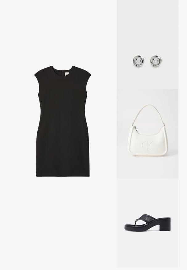 Vestido negro sin mangas con cuello alto y cremallera trasera. La tela parece lisa y ajustada, creando una silueta limpia y minimalista.; Sandalia negra con tacón de aguja grueso y tira ancha de malla sobre el pie, sobre un fondo claro y uniforme.; Bolso de mano de cuero blanco con forma curvada, con un logo "CK" en relieve en la parte delantera y una sola correa para el hombro. Cierre de cremallera en la parte superior.; Pendientes de stud de metal plateado con cristales claros redondos, que presentan un acabado pulido suave y un diseño circular con bordes elevados sutiles.
