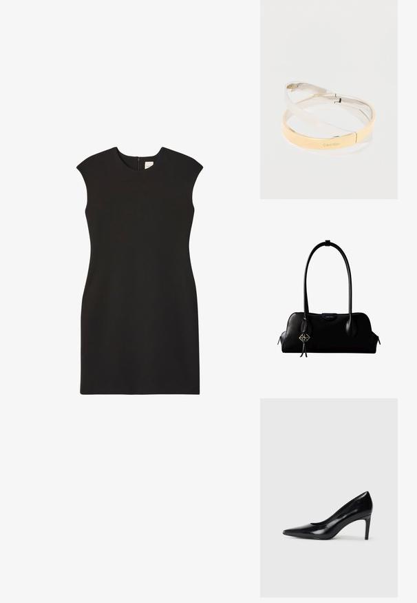 Vestido negro sin mangas con cuello alto y cremallera trasera. La tela parece lisa y ajustada, creando una silueta limpia y minimalista.; Zapato de tacón alto de cuero negro con punta afilada, textura suave y tacón en forma de cono. Diseño minimalista, sin adornos adicionales.; Bolso de mano negro de cuero Calvin Klein con asas largas, una etiqueta con el logo frontal y un colgante geométrico plateado que cuelga de una de las asas.; Pulseras metálicas pulidas entrelazadas en tonos plateados y dorados, una grabada con el logo "Calvin Klein", sobre un fondo blanco.