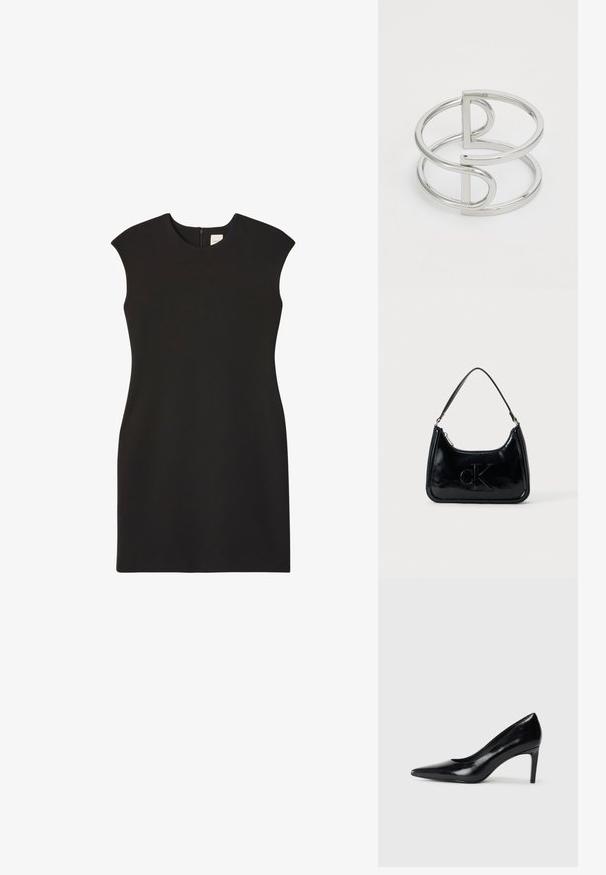 Vestido negro sin mangas con cuello alto y cremallera trasera. La tela parece lisa y ajustada, creando una silueta limpia y minimalista.; Zapato de tacón alto de cuero negro con punta afilada, textura suave y tacón en forma de cono. Diseño minimalista, sin adornos adicionales.; Bolso de mano de piel sintética negra con un asa curvada en la parte superior, cierre de cremallera y logo "cK" en relieve en el frente. Textura suave, forma estructurada.; Brazalete de metal plateado con un diseño de doble lazo, acabado liso y brillante, y un acento geométrico minimalista.