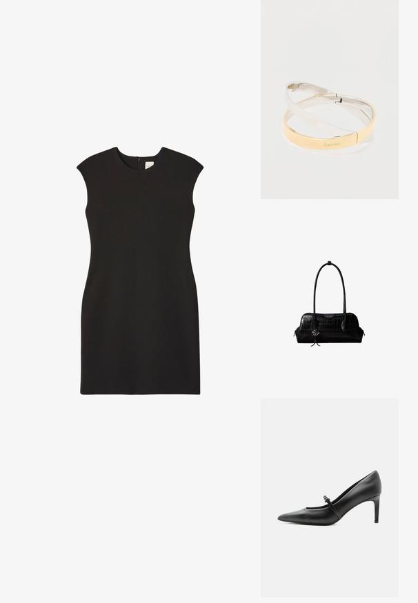 Schwarzes ärmelloses Kleid mit hohem Ausschnitt und Reißverschluss hinten. Der Stoff wirkt glatt und eng anliegend, wodurch eine klare, minimalistische Silhouette entsteht.; Schwarzer Leder-Pumps mit spitzer Zehenpartie, dünnem Riemen und Schnalle über dem Spann, stehend auf hellem neutralem Hintergrund.; Schwarze Umhängetasche aus krokodilstrukturiertem Leder mit langen Riemen und einem kleinen silbernen Logocharm an einem Riemen.; Verschlungene, polierte Metallarmreifen in Silber- und Goldtönen, einer eingraviert mit dem "Calvin Klein"-Logo, auf einem weißen Hintergrund.