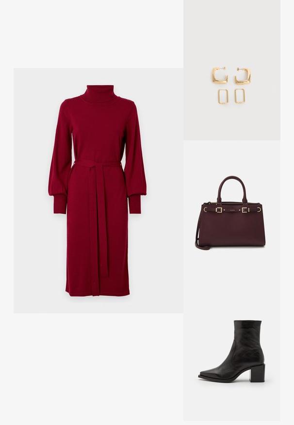 VILA Knitted VIAMANDA Turtleneck - Svetríkové šaty - cabernet; Čierna kožená členková obuv so štvorcovou špičkou a blokovým podpätkom. Dizajn sa vyznačuje hladkou textúrou a minimálnymi švovými detailmi.; ALDO ELIZABELLE - Taška cez plece - bordo; Dva páry zlatých geometrických kruhových náušníc na jednoliatej bielej ploche, jeden pár štvorcový a pevný, druhý pár obdĺžnikový a dutý.