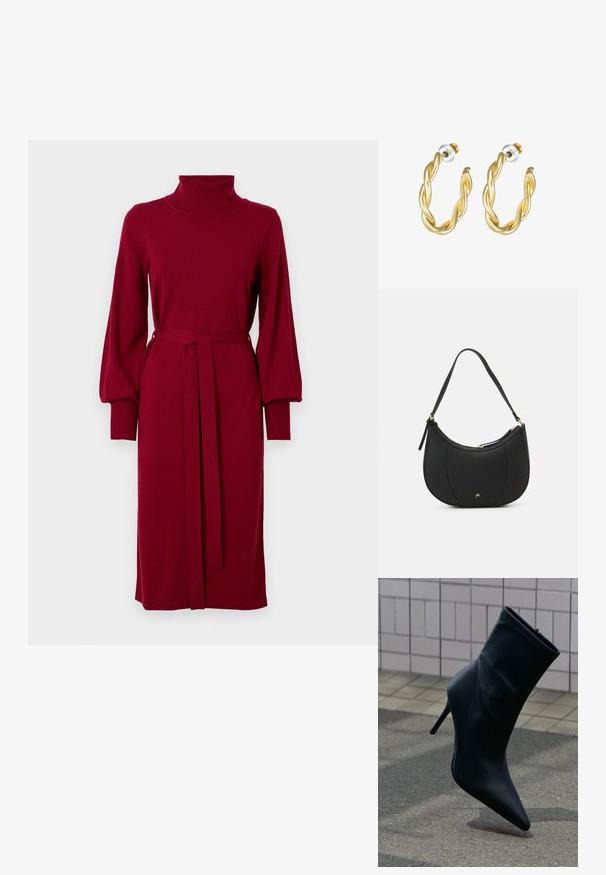 VILA Knitted VIAMANDA Turtleneck - Strikkjoler - cabernet; Sort læder ankelstøvle med spids tå og høj stilet hæl på flisebelagt fortov og asfaltbaggrund.; Sort læderhåndtaske med en buet form, struktureret overflade, forreste syninger og et logo i guldfarve. Har en enkelt justerbar rem.; Guld snoede hoops øreringe med en glat overflade, der har en transparent baggrund og hardware i guldtoner.