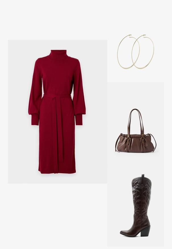 VILA Knitted VIAMANDA Turtleneck - Robe pull - cabernet; Botte de cowboy haute en cuir marron foncé avec motifs décoratifs cousus, bout pointu et talon bloc empilé.; Sac à main en cuir brun avec deux longues poignées, design froncé, accents en métal doré et finition texturée.; Pilgrim Boucles d'oreilles - gold-coloured