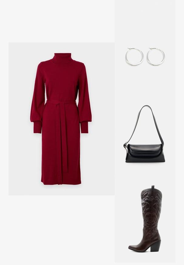 VILA Knitted VIAMANDA Turtleneck - Robe pull - cabernet; Botte de cowboy haute en cuir marron foncé avec motifs décoratifs cousus, bout pointu et talon bloc empilé.; Sac à main en cuir noir avec une forme structurée, une texture lisse et une seule bandoulière. Présente un design de rabat arrondi et subtil.; Les boucles d'oreilles en argent en forme de créole présentent un design lisse et arrondi avec un profil fin et un fermoir sécurisé. Style minimaliste avec une finition polie.