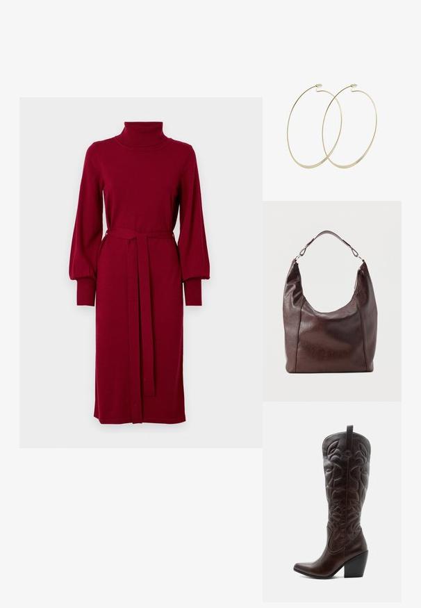 VILA Knitted VIAMANDA Turtleneck - Svetríkové šaty - cabernet; Vysoká tmavohnedá kožená kovbojská čižma so šitými dekoratívnymi vzormi, špicatou špičkou a vrstveným blokovým podpätkom.; Tmavohnedá kožená kabelka na rameno s jedným nastaviteľným popruhom, mierne zakriveným vrchom a zipsovým zatváraním na jednej strane.; Pilgrim Náušnice - gold-coloured