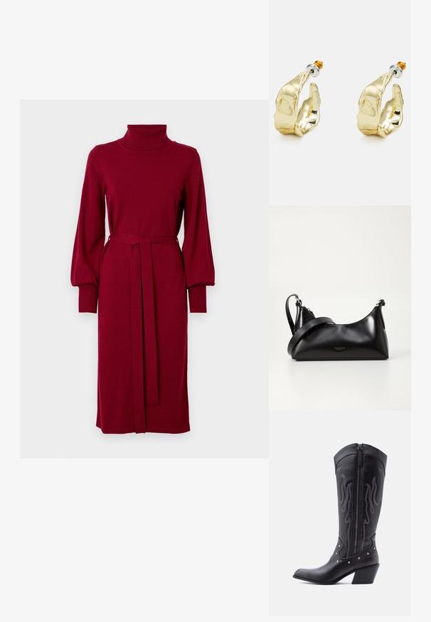 VILA Knitted VIAMANDA Turtleneck - Gebreide jurk - cabernet; Zwarte leren cowboylaarzen met een puntige neus, zichtbare stiksels, zilveren studaccenten en een ritssluiting aan de binnenkant.; Zwarte leren handtas met een gladde textuur. Beschikt over een verstelbare schouderband en een strak, minimalistisch ontwerp met een ritssluiting.; Goudkleurige oorbellen in de vorm van abstracte handen, met een glanzend oppervlak, ingewikkelde details en een zilver- en goudkleurige post voor een veilige bevestiging.