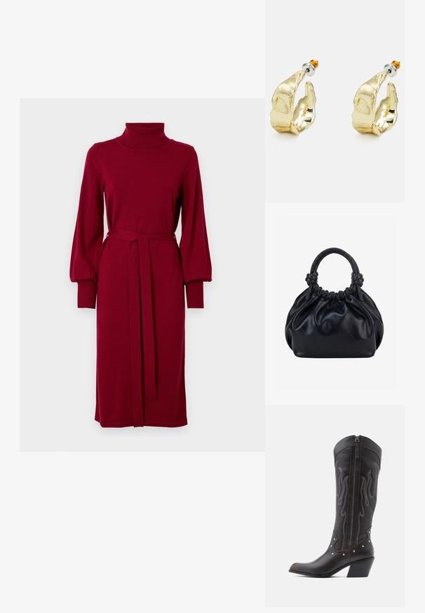 VILA Knitted VIAMANDA Turtleneck - Strikkjoler - cabernet; Brune læder cowboystøvler med flammebroderi, sidelukning med lynlås, sølvnitter, spids snude og lagdelt hæl.; Sort blød læderhåndtaske med samlet top og to tykke håndtag bundet i knuder mod en ensfarvet lys baggrund.; Guldtonede øreringe formet som abstrakte hænder, med en skinnende overflade, intrikate detaljer og en sølv- og guldfarvet post til sikker fastgørelse.