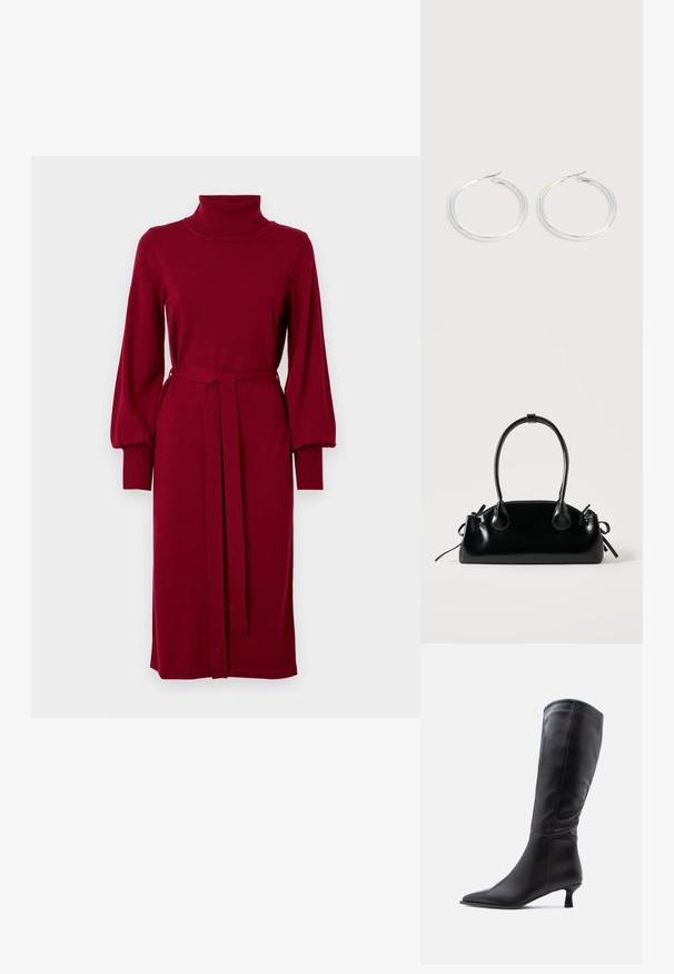VILA Knitted VIAMANDA Turtleneck - Svetríkové šaty - cabernet; Čierna kožená čižma po kolená s špicatou špičkou a úzkym podpätkom. Hladká textúra s priliehavým dizajnom holennej časti a minimálnym kovovým príslušenstvom.; Malá čierna lesklá kabelka s dvoma dlhými rúčkami a bočnými šnúrkovými detailmi na jednoduchom svetlom pozadí.; Pár lesklých strieborných kruhových náušníc s tenkými drôtenými zapínaniami, zobrazených na svetlo šedom pozadí.