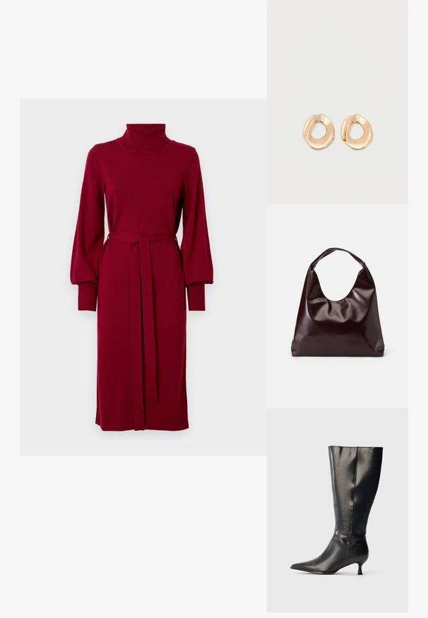 VILA Knitted VIAMANDA Turtleneck - Robe pull - cabernet; Botte en cuir noire montant jusqu'au genou, avec un bout pointu et un petit talon bas, présentée sur un fond clair uni.; Sac en cuir vegan bordeaux, brillant, avec une forme douce et sculpturale et une large poignée incurvée pour un transport facile.; Paired boucles d'oreilles en métal doré poli de forme irrégulière avec un centre ouvert sur un fond blanc uni.