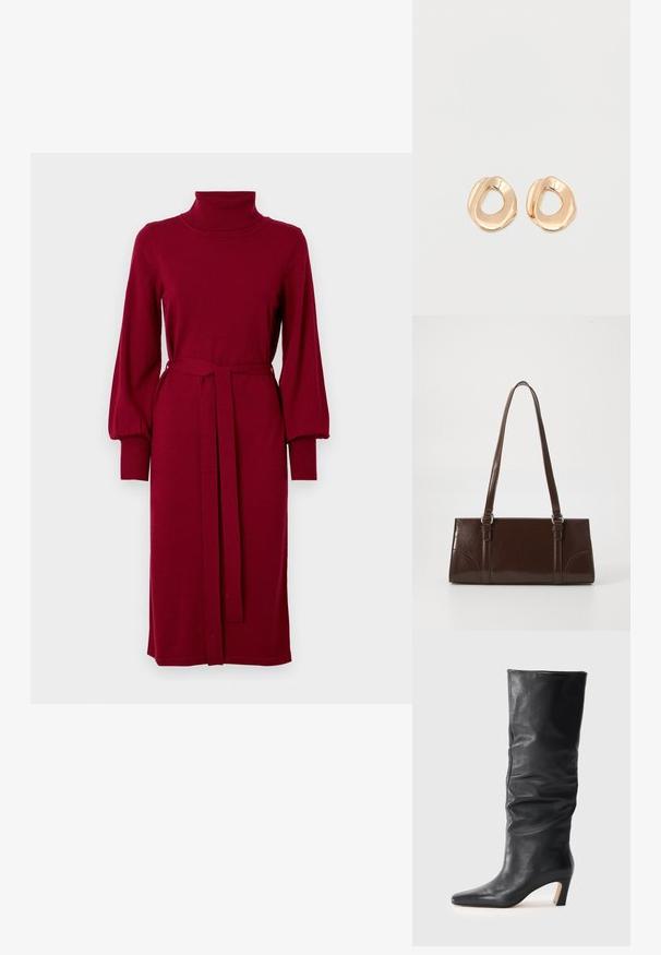 VILA Knitted VIAMANDA Turtleneck - Robe pull - cabernet; Botte en cuir noir mi-mollet à talon avec une tige légèrement affaissée et un bout pointu sur un fond clair.; Sac à main en cuir verni marron de forme rectangulaire, avec deux longues poignées et des accents courbés subtils à l'avant.; Paired boucles d'oreilles en métal doré poli de forme irrégulière avec un centre ouvert sur un fond blanc uni.