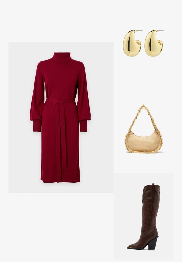 VILA Knitted VIAMANDA Turtleneck - Robe pull - cabernet; RAID RIMSKY - Bottes à talons hauts - brown; Sac beige texturé de forme arrondie, avec un bord effiloché tout le long des bords et une courte sangle pour le porter. Ouverture zippée en haut.; Boucles d'oreilles en métal doré avec une surface lisse et polie, présentant une forme abstraite en goutte d'eau. Attache en tige métallique simple.