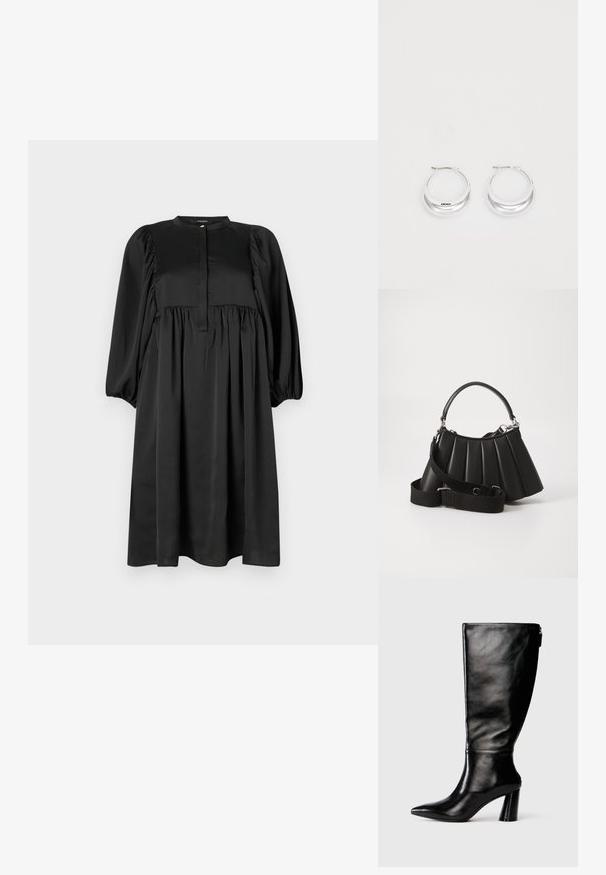 Vestido negro con mangas largas abullonadas, escote redondo y una tapeta con botones. Hecho de una tela suave; cuenta con una falda fruncida.; Bota de cuero negro hasta la rodilla con punta afilada, textura suave y un tacón grueso. Presenta un detalle de cremallera en la parte de atrás.; Bolso de mano negro con pliegues, manejo redondeado, correa ajustable y textura brillante. Presenta herrajes plateados y una silueta estructurada.; Pendientes de aro de plata con un acabado pulido y la marca DKNY, exhibidos sobre un fondo blanco liso.