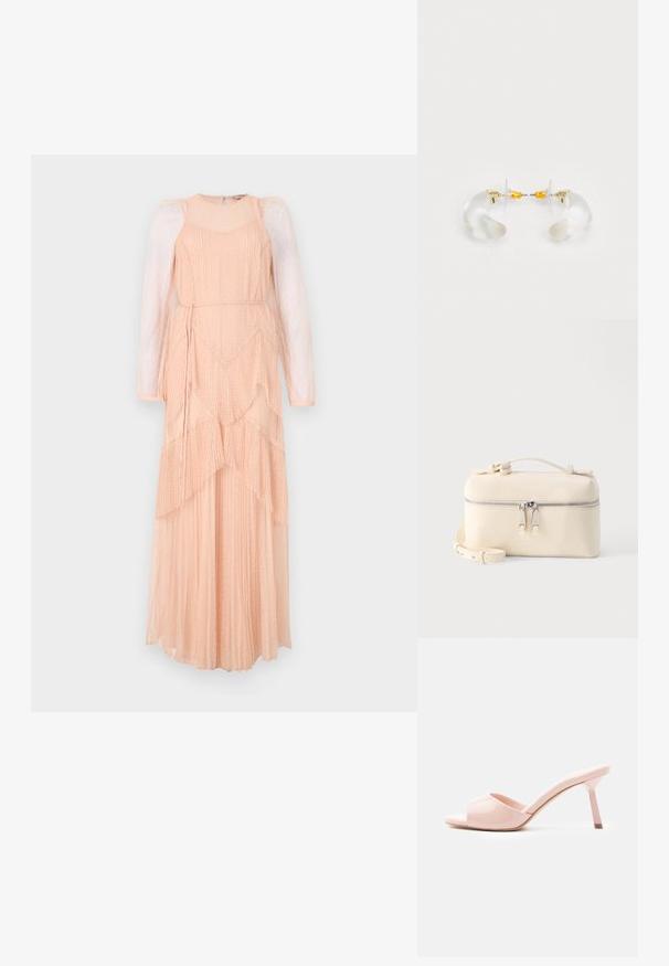 Robe longue et superposée en tissu doux pêche, dotée de manches bouffantes transparentes, d'une texture plissée et d'un motif à pois subtil. Elle comporte un lien à la taille pour un ajustement parfait.; Mules roses vernis à bout ouvert avec un talon fin et une finition lisse et brillante. Présentent une silhouette simple et un design minimaliste.; Sac rectangulaire en cuir crème avec double fermeture éclair argentée, poignée supérieure et bandoulière réglable sur fond blanc uni.; Boucles d'oreilles en acrylique transparent avec accents dorés, présentant un design incurvé et un fermoir transparent. Texture lisse, style minimaliste.