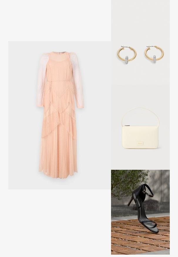Robe longue et superposée en tissu doux pêche, dotée de manches bouffantes transparentes, d'une texture plissée et d'un motif à pois subtil. Elle comporte un lien à la taille pour un ajustement parfait.; Sandale noire à talon haut avec sangle à la cheville, suspendue au-dessus d'un sol en carreaux de bois à l'extérieur, avec un arrière-plan flou de verdure et de pierre.; Sac à main rectangulaire de couleur crème avec une seule sangle et une fermeture éclair sur le dessus, comportant une petite plaque de logo embossé à l'avant.; Paire de boucles d'oreilles créoles dorées avec un petit détail boucle ton argent sur chaque, exposées sur fond gris clair.