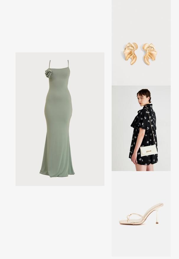 Mintgrünes, figurbetontes Maxikleid mit geradem Ausschnitt und dünnen Trägern. Besitzt eine rüsche Akzentuierung an der linken Schulter. Weicher, glatter Stoff.; Goldfarbene High-Heel-Sandale mit offenem Zeh, dünnen überkreuzten Riemen und schlankem Stilettoabsatz auf einfachem hellem Hintergrund.; Schwarzes Kleid mit weißen Schleifenmustern, kurze Ärmel, Rüschen an den Schultern. Weiße Clutch mit goldener Kette und Verschluss, in der rechten Hand gehalten.; Paar abstrakt geformte glänzende goldene Metallohrringe mit gebogenem, gerafftem Design auf hellgrauem Hintergrund.