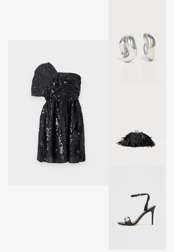 Vestido negro de un solo hombro hecho de tela suave, adornado con lentejuelas dispersas, con una cintura fruncida y falda fluida.; Sandalia negra de tacón alto con correa en el tobillo, con parte superior de cuero lisa, punta cuadrada y dos detalles metálicos redondos.; Bolso de mano negro con flecos, cierre de broche plateado y correa de cadena sobre un fondo claro y liso.; Pendientes escultóricos de plata con formas suaves y curvas y superficies reflectantes. Presentan un diseño de aro cerrado y una forma orgánica distintiva.