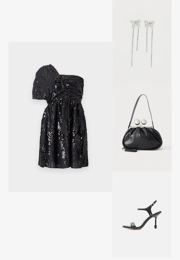 Vestido negro de un solo hombro hecho de tela suave, adornado con lentejuelas dispersas, con una cintura fruncida y falda fluida.; Sandalia negra de cuero con tacón alto, tiras delgadas, puntera abierta y hebilla ajustable en el tobillo, presentada sobre un fondo blanco liso.; Bolso de mano de cuero negro con diseño fruncido, una sola correa, marco metálico plateado y dos cierres grandes redondos de plata.; Pendientes largos de plata que presentan un conjunto de pedrería en la parte superior y tiras colgantes de pedrería más pequeña debajo.