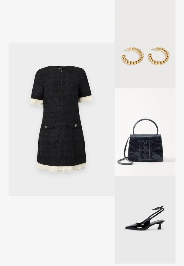 Robe courte texturée noire à manches courtes avec fermeture éclair sur le devant, poches à rabat boutonnées, et bordure plissée blanche à volants sur les manches et l'ourlet.; Escarpins à brides arrière en cuir verni noir, à bout pointu, avec un petit talon carré et une sangle de cheville ajustable dotée d'une boucle dorée.; Sac à main en cuir noir embossé en crocodile avec un design structuré, une poignée supérieure, une bandoulière ajustable et un détail de logo en avant bien visible.; Paire de boucles d’oreilles créoles dorées avec des détails de perles arrondies le long du bord extérieur sur un fond clair.