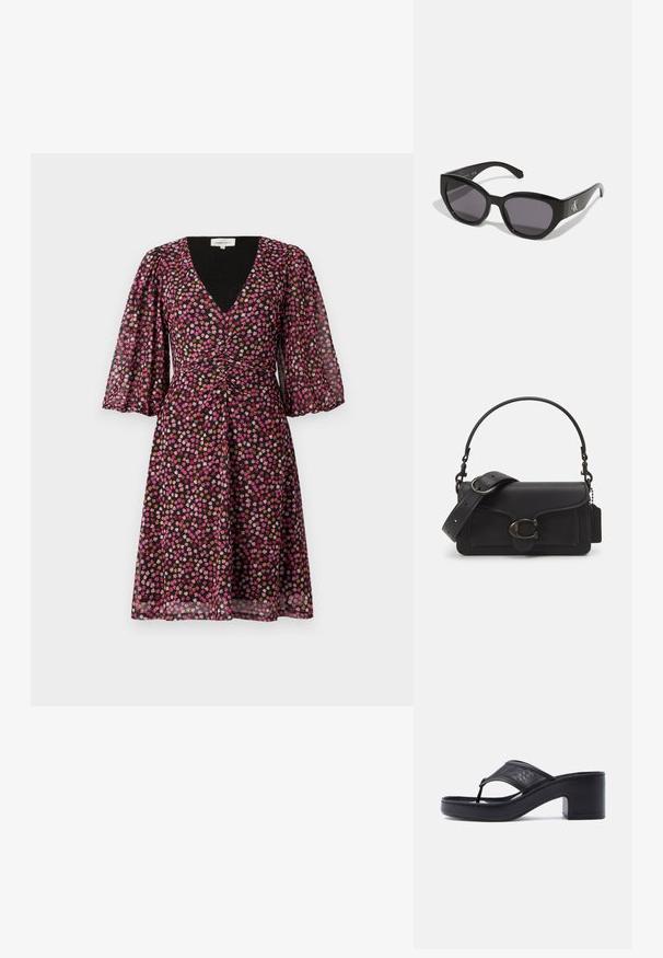 Sort kjole med V-hals, korte puffærmer og tætsiddende liv. Har et farverigt blomsterdesign i pink, orange og hvid.; Sort hælet flip-flop sandal med kraftig hæl og bredt netstofsrem over foden på en ensfarvet lys baggrund.; Sorte solbriller med et strømlinet, vinklet design, mørke linser og et kontrasterende sølvlogo på siden. Glat plastoverflade.; Sort læder crossover-taske med en struktureret overflade, justerbar rem og sølvhardware. Har en frontklap med et lås-overlap.