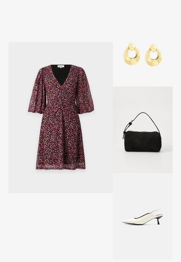 Sort kjole med V-hals, korte puffærmer og tætsiddende liv. Har et farverigt blomsterdesign i pink, orange og hvid.; Cremefarvet spids tå slingback-sko med lav sort kittenhæl og glat læderfinish på hvid baggrund.; Sort ruskinds taske med en rund form, top lynlås lukning, kort håndtag og en dekorativ frynsedetalje. Glat tekstur med minimal hardware.; Guldmetal øreringe med et buet, åbent hoop-design med en glat, poleret finish og en cirkulær stud-top vedhæftning.