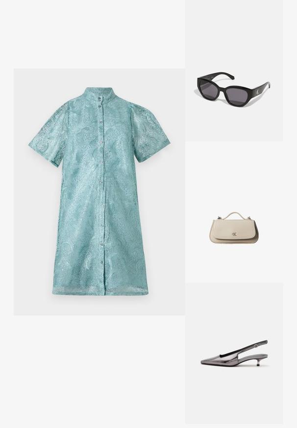 Kurzarm-Hemdblusenkleid aus schimmerndem hellblauen Stoff mit strukturiertem Muster, ausgestattet mit einem Stehkragen und einer Knopfleiste vorne.; Metallic-grauer Slingback-Schuh mit spitzer Schuhspitze, niedrigem Kittenabsatz und verstellbarem Riemen auf weißem Hintergrund.; Schwarze Sonnenbrille mit einem schlanken, kantigen Design, dunklen Gläsern und einem kontrastierenden silbernen Logo an der Seite. Glatte Kunststoffoberfläche.; Kleine beigefarbene Lederhandtasche mit oberem Griff und silbernem CK-Logo auf der Frontklappe, vor weißem Hintergrund dargestellt.