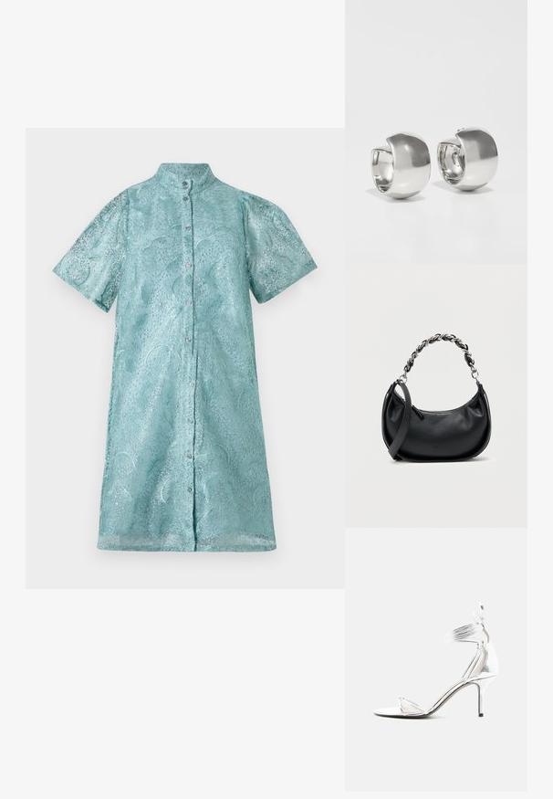 Vestido camisa de manga corta en tejido azul claro brillante con un patrón texturizado, que presenta un cuello alto y cierre de botones en la parte frontal.; Sandalia de tacón alto plateada con tiras finas, envoltura en el tobillo y tacón de aguja delgado sobre un fondo blanco liso.; Bolso de cuero negro con forma redondeada, doble asa con una gruesa cadena de plata y cierre superior con cremallera. Textura suave.; Uncommon Matters SCULPTURAL LARGE CREOLE - Pendientes - silver-coloured