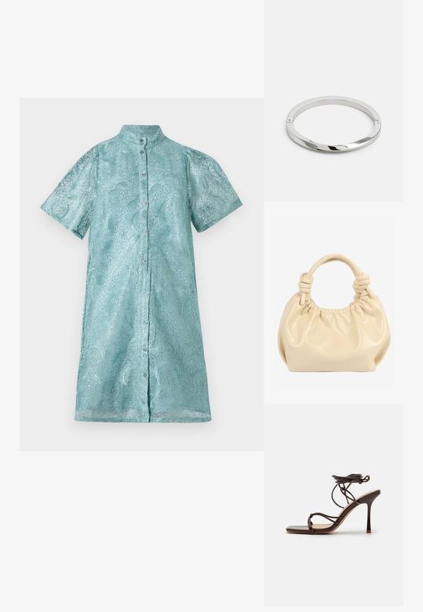 Vestido camisa de manga corta en tejido azul claro brillante con un patrón texturizado, que presenta un cuello alto y cierre de botones en la parte frontal.; Simmi London MACIA - Sandalias de tacón - chocolate; Bolso de mano de piel suave color crema con parte superior fruncida y asas dobles anudadas sobre fondo blanco.; Pulsera de metal plateado con una superficie lisa y brillante y bordes planos. Presenta un diseño circular abierto con un sutil detalle de cierre.